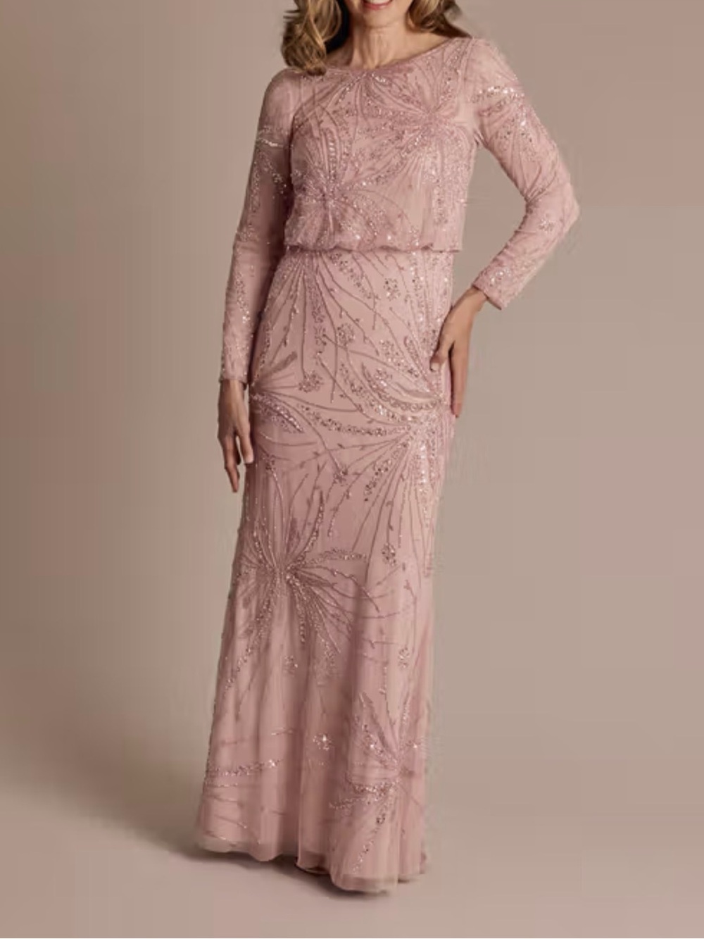 Elegant Long Sleeve Blouson Beaded Evening Gown - Blush Pink